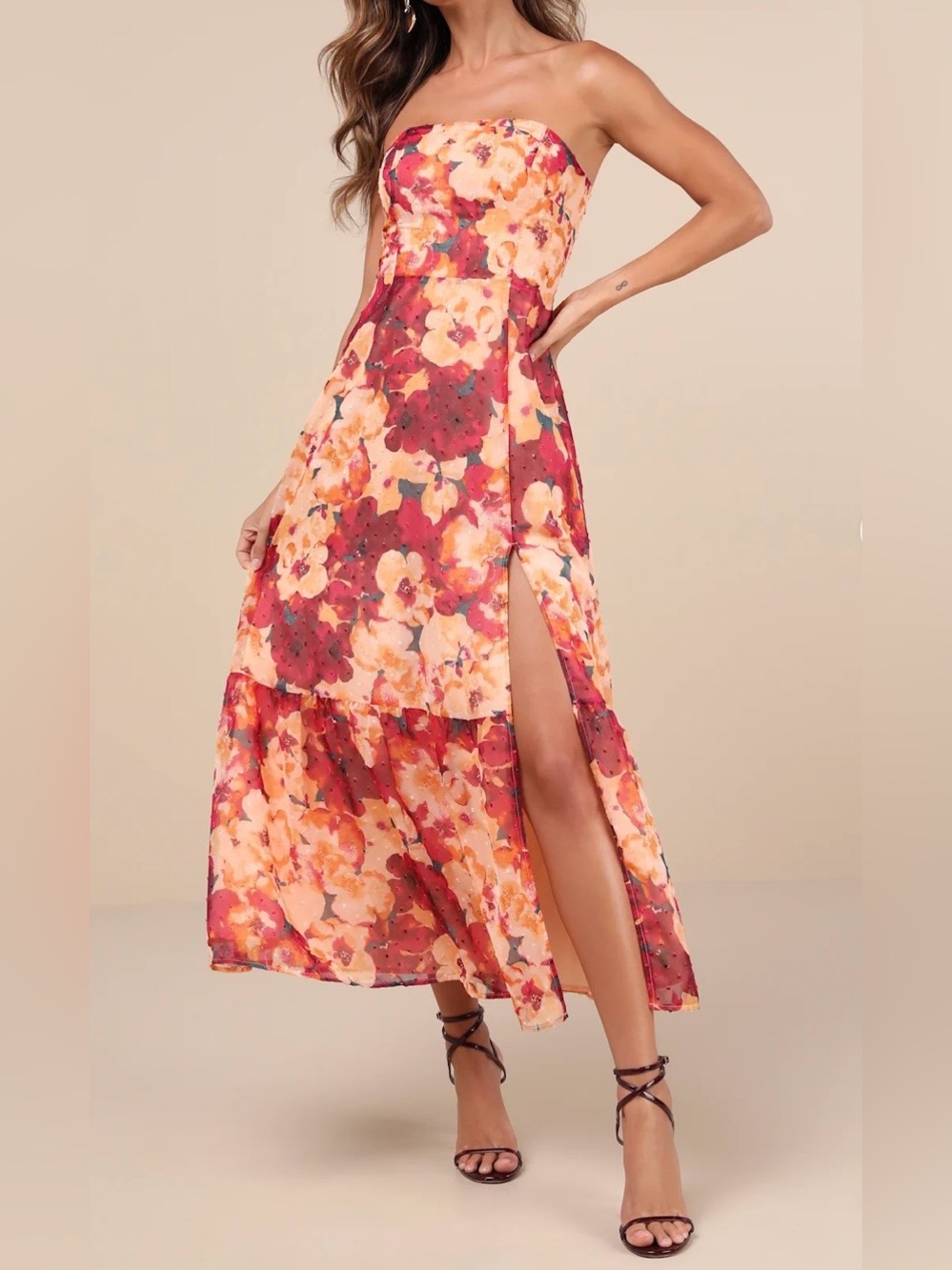 Lulu's Plum and Orange Floral Strapless Midi Dress Size Medium
